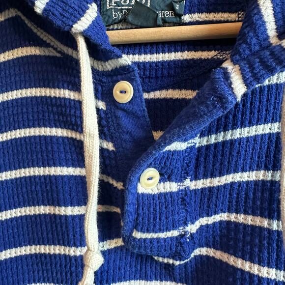 Polo Ralph Lauren Vintage Thermal Hooded Henley Waffle Knit Shirt Blue L - Picture 5 of 9
